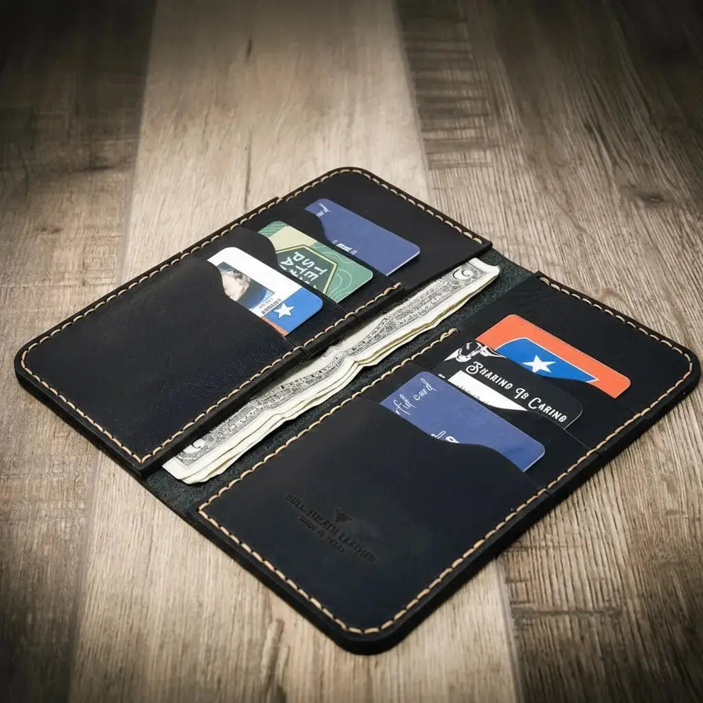 Western Long Wallet in black leather, open with cards and cash.