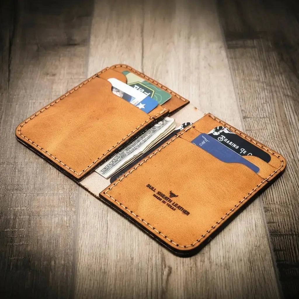 Brown leather bifold wallet with multiple card slots and cash compartments.