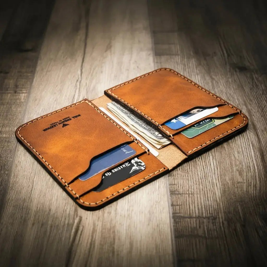 Brown vertical bifold wallet made of full grain leather with multiple card slots