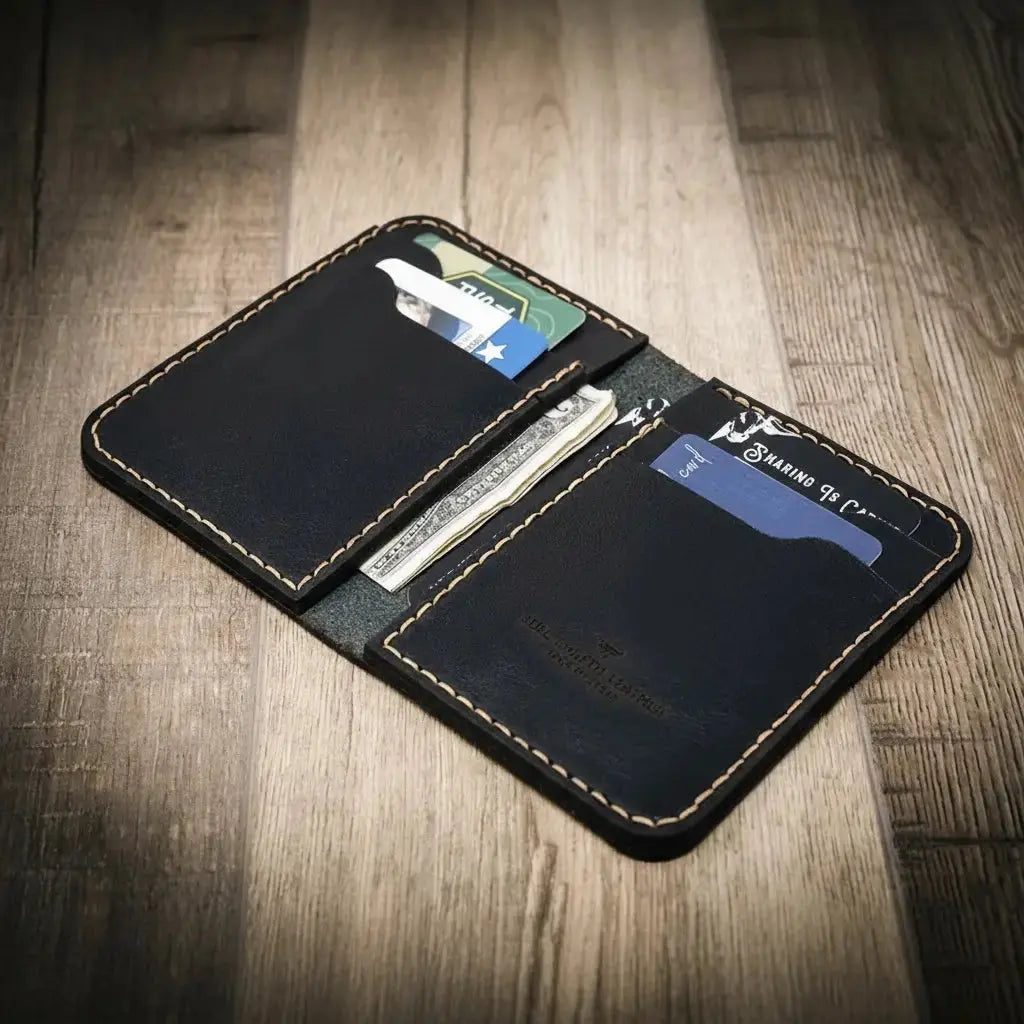 Black leather vertical bifold wallet with card slots and cash compartment, showing visible stitching.