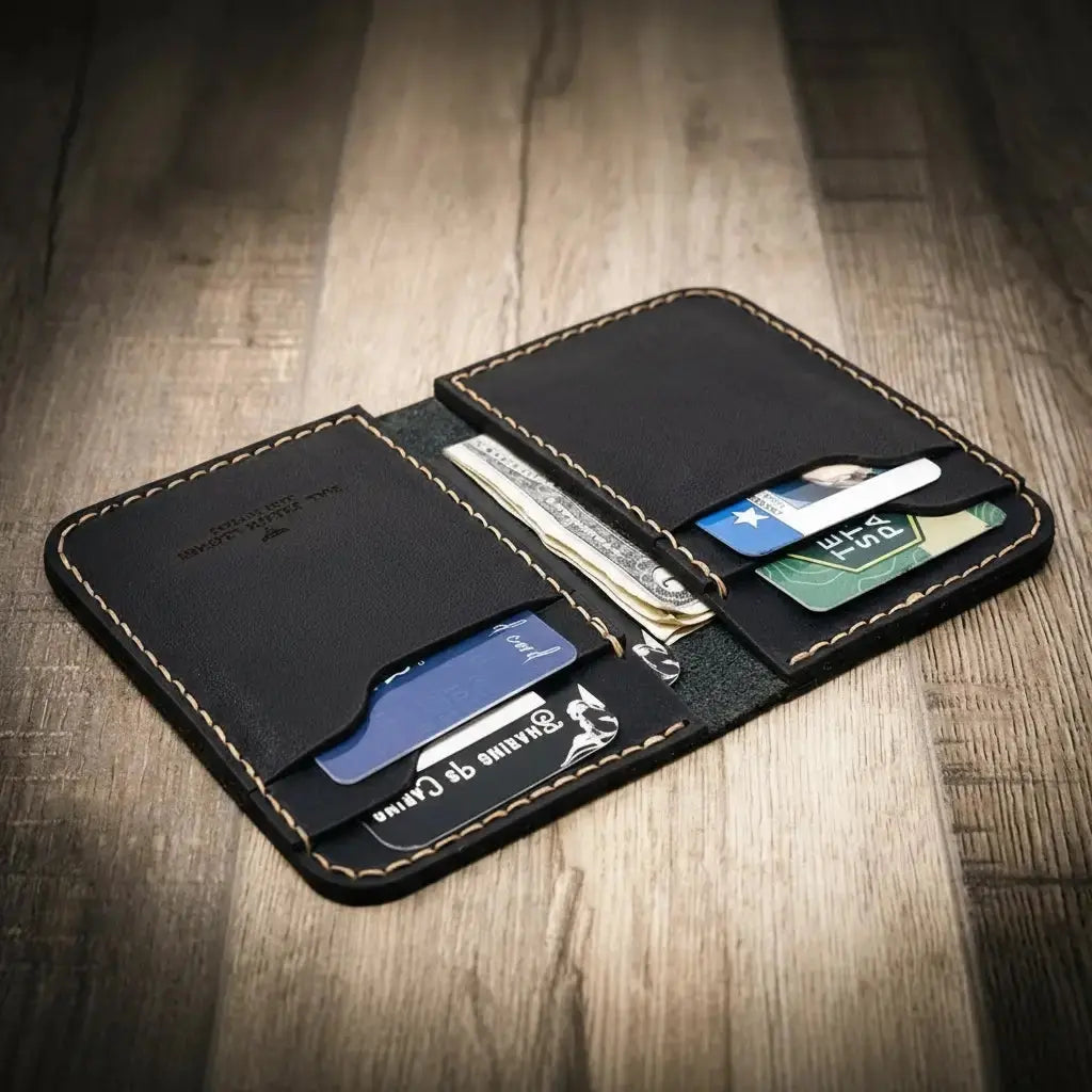 Black leather vertical bifold wallet with multiple card slots and cash pocket.