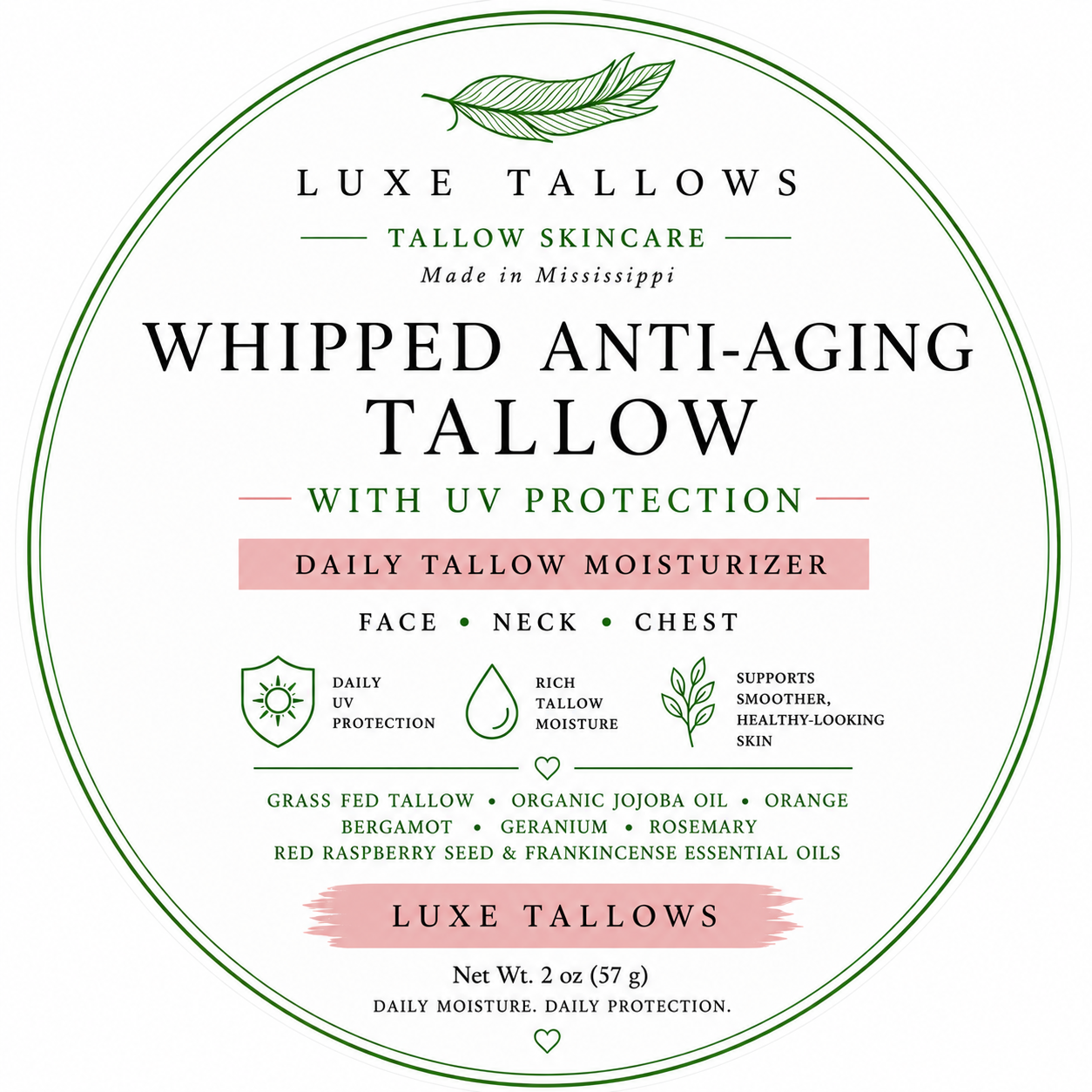 Label for Luxe Tallow Whipped Anti-Aging Tallow with UV Protection on a white background