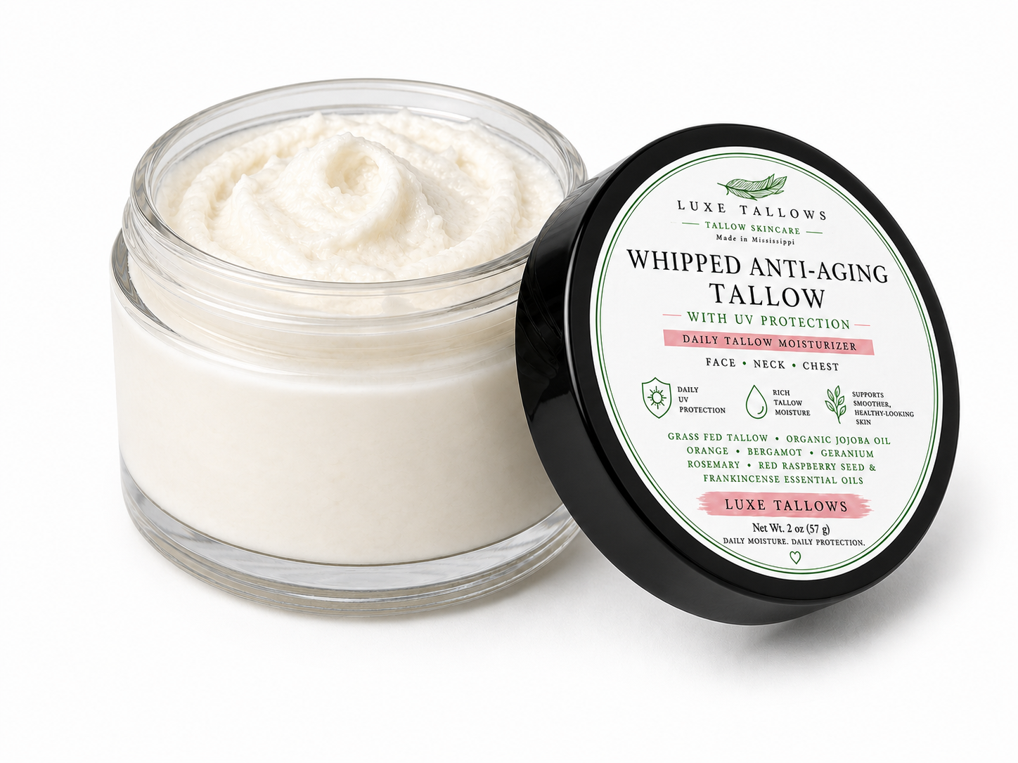 Whipped anti aging tallow in an open jar