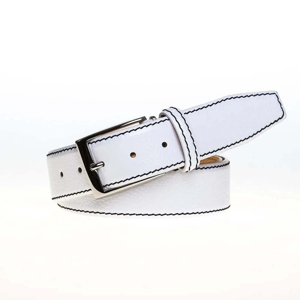 Roger Ximenez white custom leather belt with bespoke sizing options