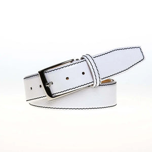 Roger Ximenez white custom leather belt with bespoke sizing options