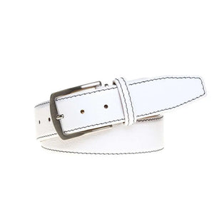 White pebble grain belt showing handmade leather craftsmanship