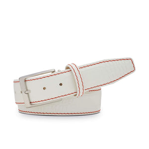 Close up of white mock croc leather belt texture and stitching