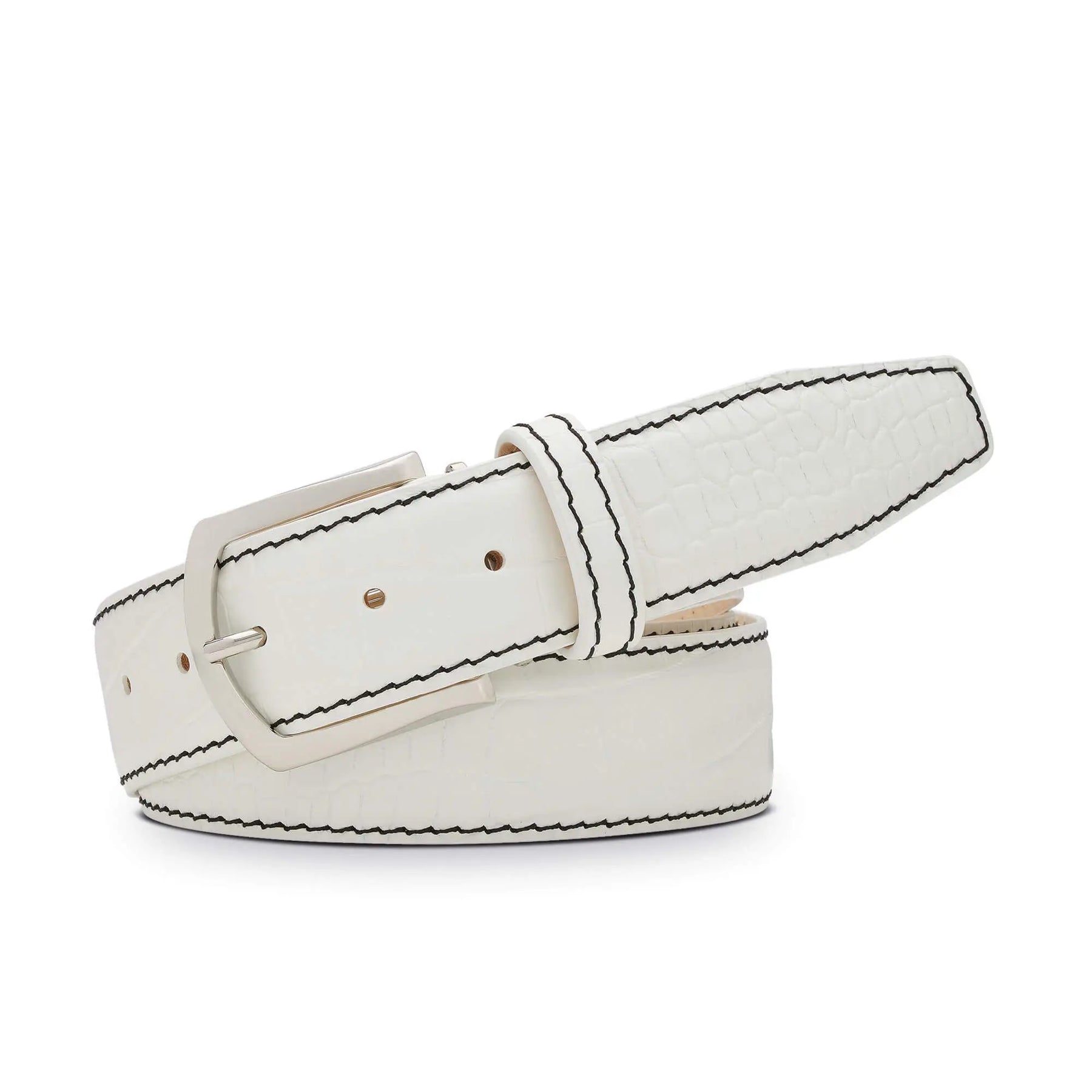 White mock croc belt showing handmade leather craftsmanship