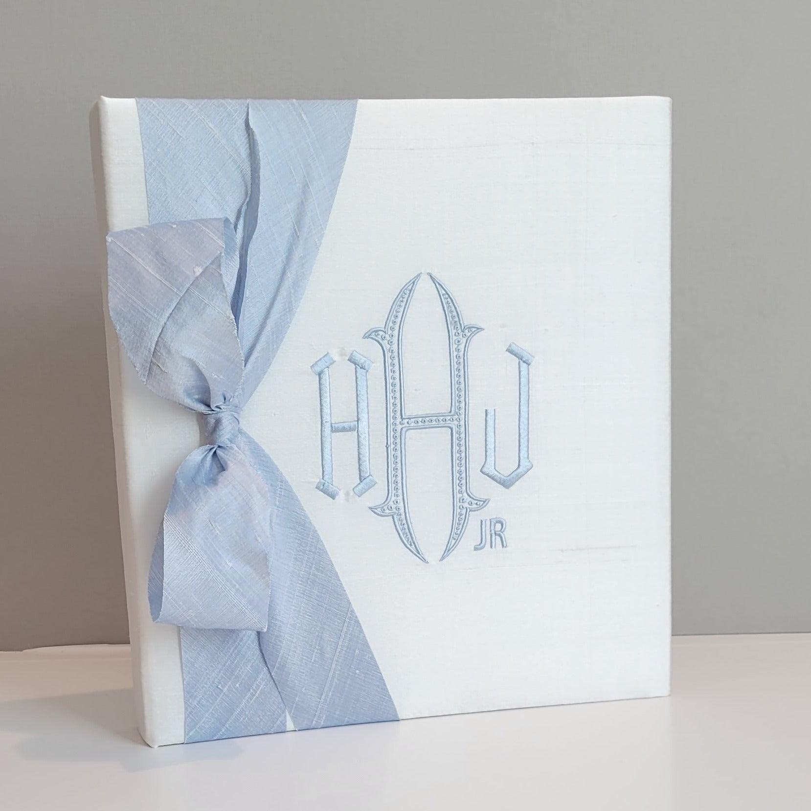 White silk handmade baby memory book with silk bow by AP Creations