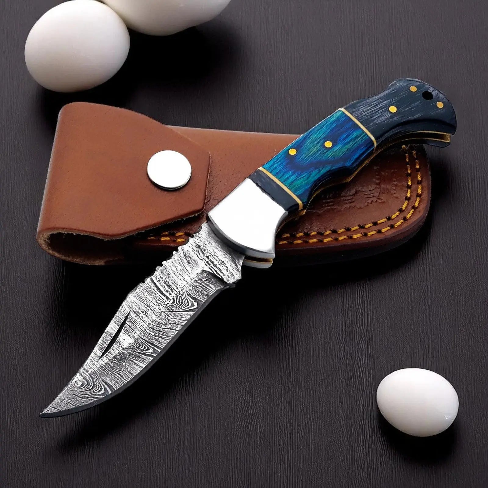 Wood Handle Folding Knife | Back Lock Damascus Knife Store