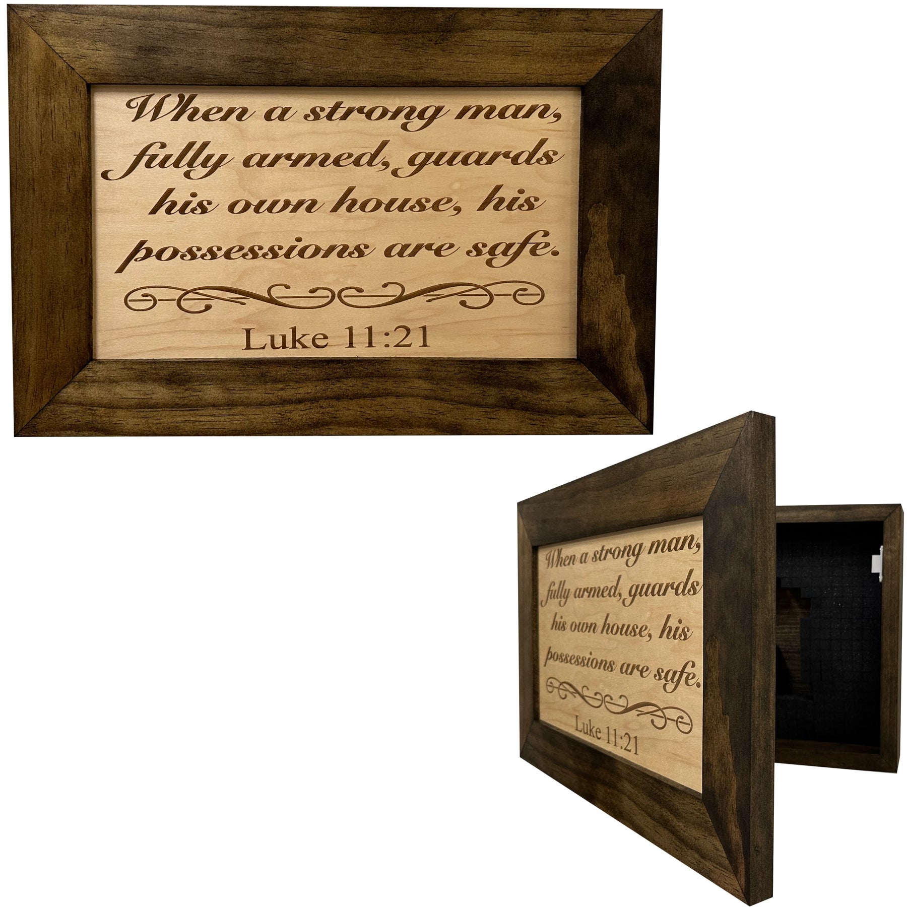 Luke 11:21 Wall Gun Safe - Religious Hidden Gun Safe - Handcrafted Concealment Furniture for Guns - Quick Access Firearm Storage with Magnetic Lock - Hidden Shelf Safe