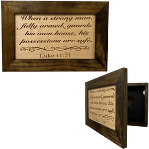Luke 11:21 Wall Gun Safe - Religious Hidden Gun Safe - Handcrafted Concealment Furniture for Guns - Quick Access Firearm Storage with Magnetic Lock - Hidden Shelf Safe