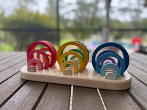 Wooden tray for Grapat Nest Rings in a Montessori inspired playroom setup