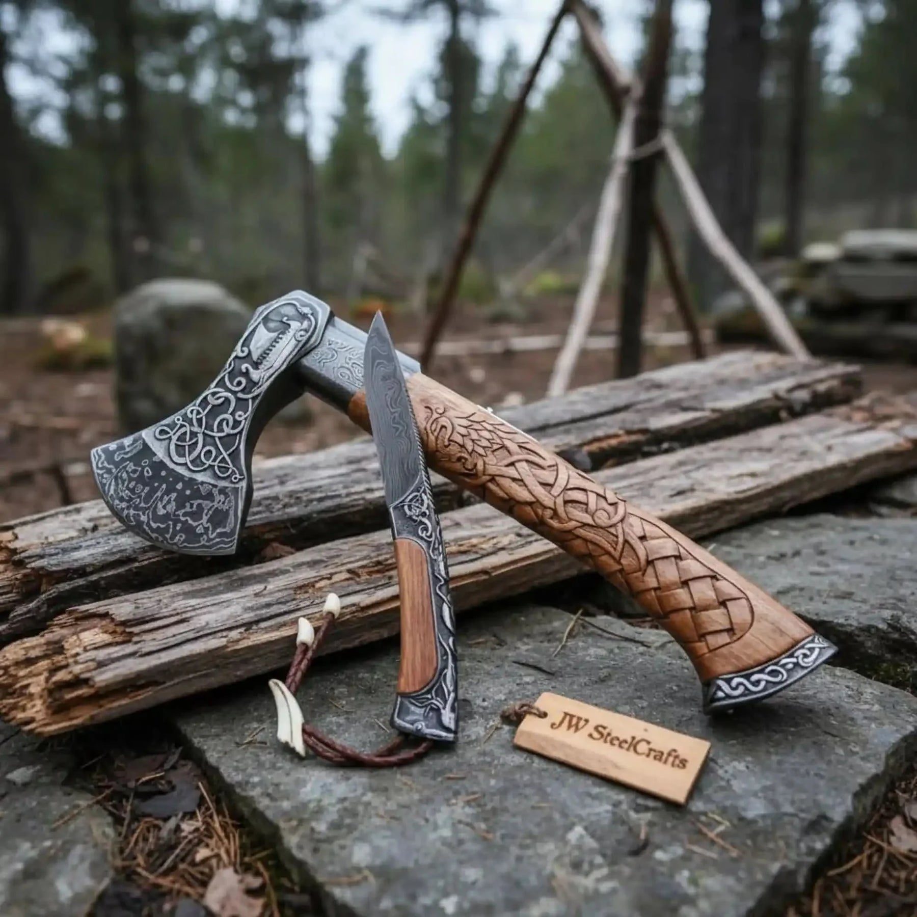 Damascus steel axe head with wood handle on rustic wood surface