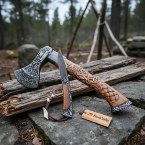 Damascus steel axe head with wood handle on rustic wood surface