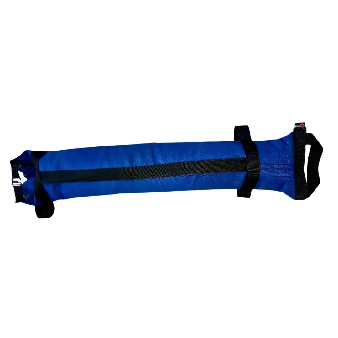 Blue workout battle bag made from recycled fire hose with black straps.
