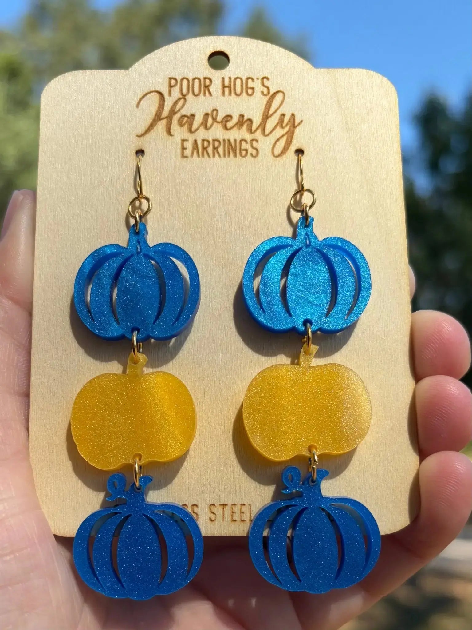 Yellow and Blue Pearl Acrylic Stacked Pumpkins Dangle Earrings Poor Hog Customs
