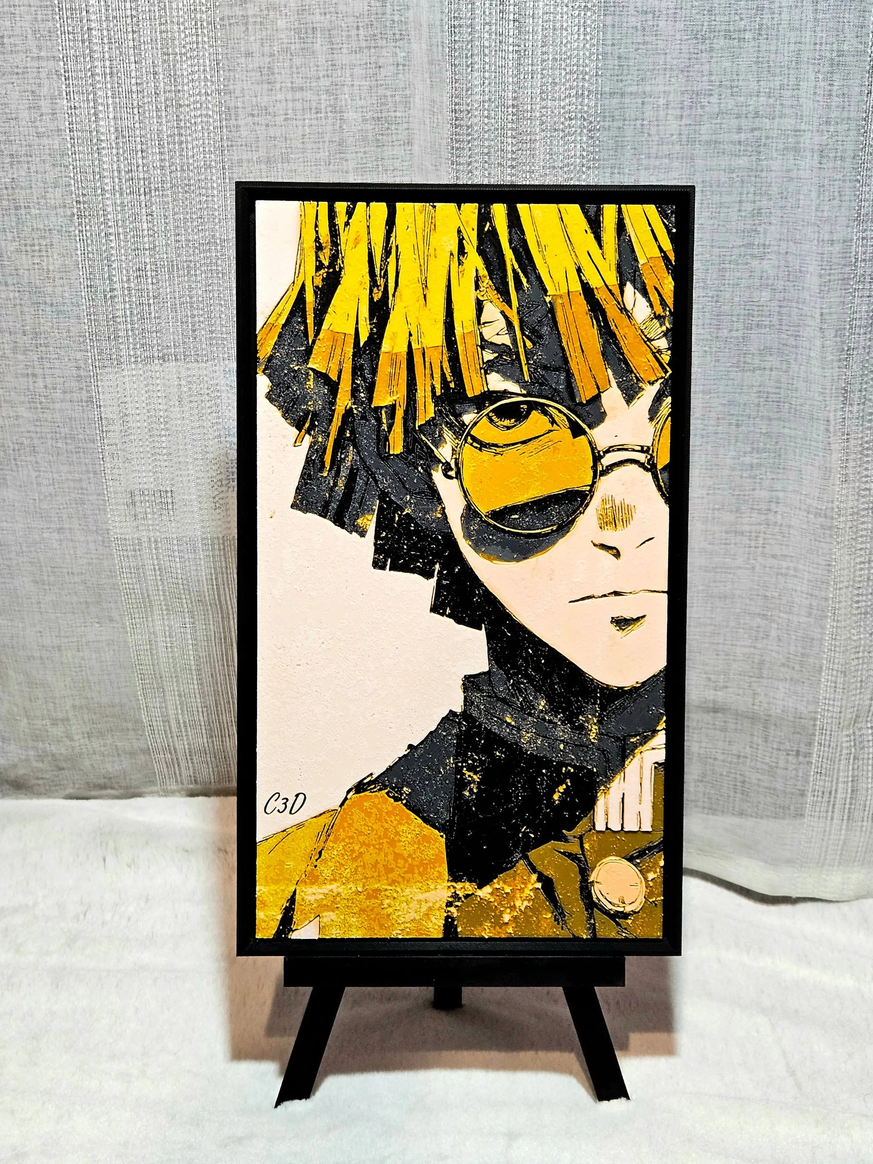 Zenitsu anime wall art, 3D printed and framed. Urban vibes art featuring yellow and black design.