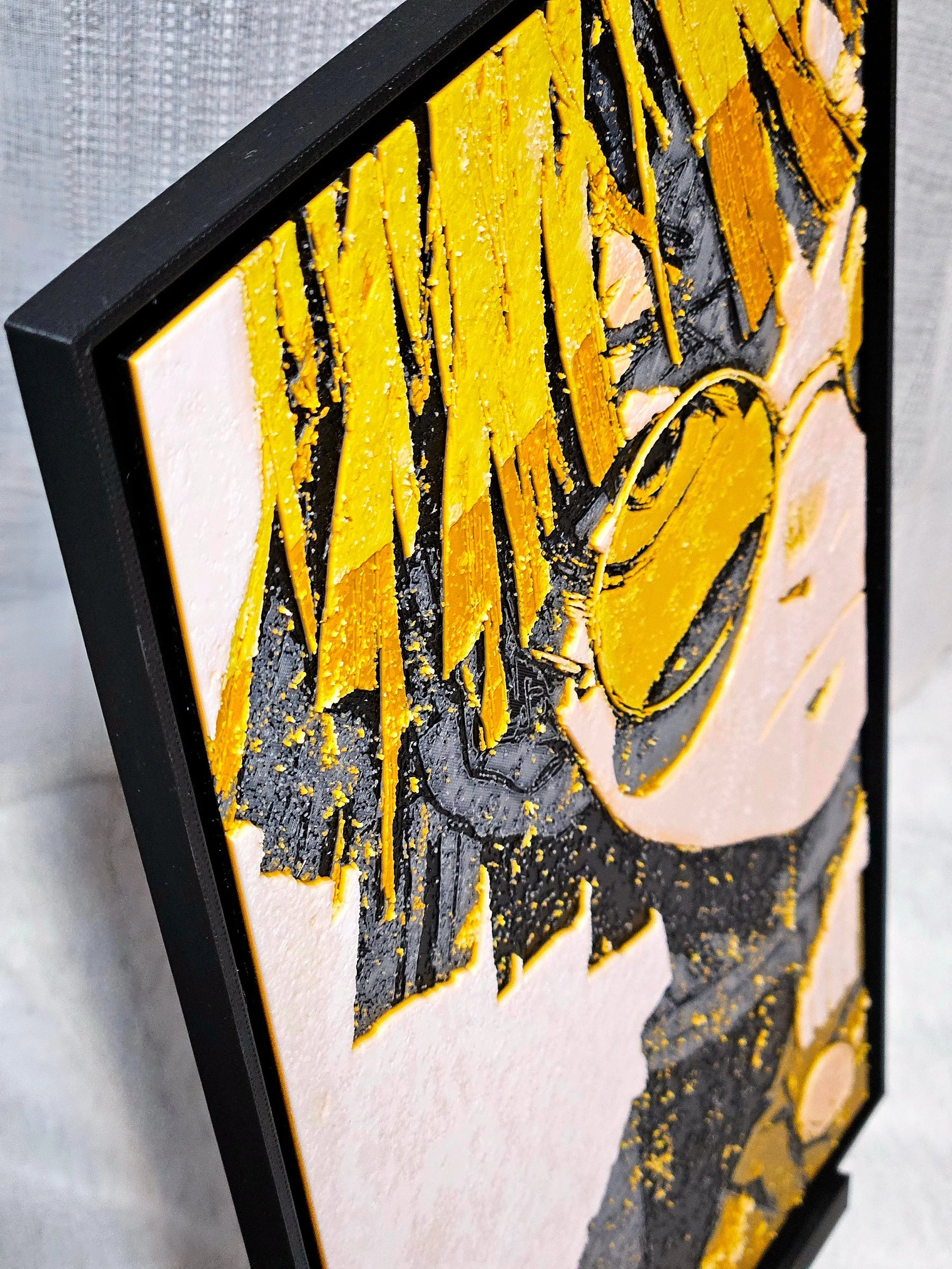 3D printed Zenitsu anime wall art in black frame. Urban vibes artwork, yellow and black tones.