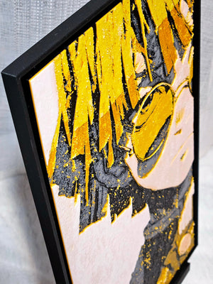 3D printed Zenitsu anime wall art in black frame. Urban vibes artwork, yellow and black tones.