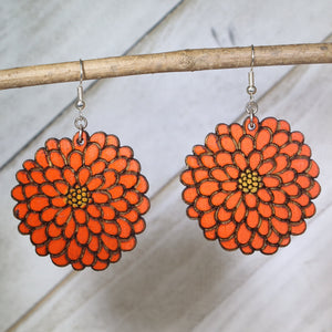 Zinnia Flower Wooden Earrings | Floral Garden Jewelry