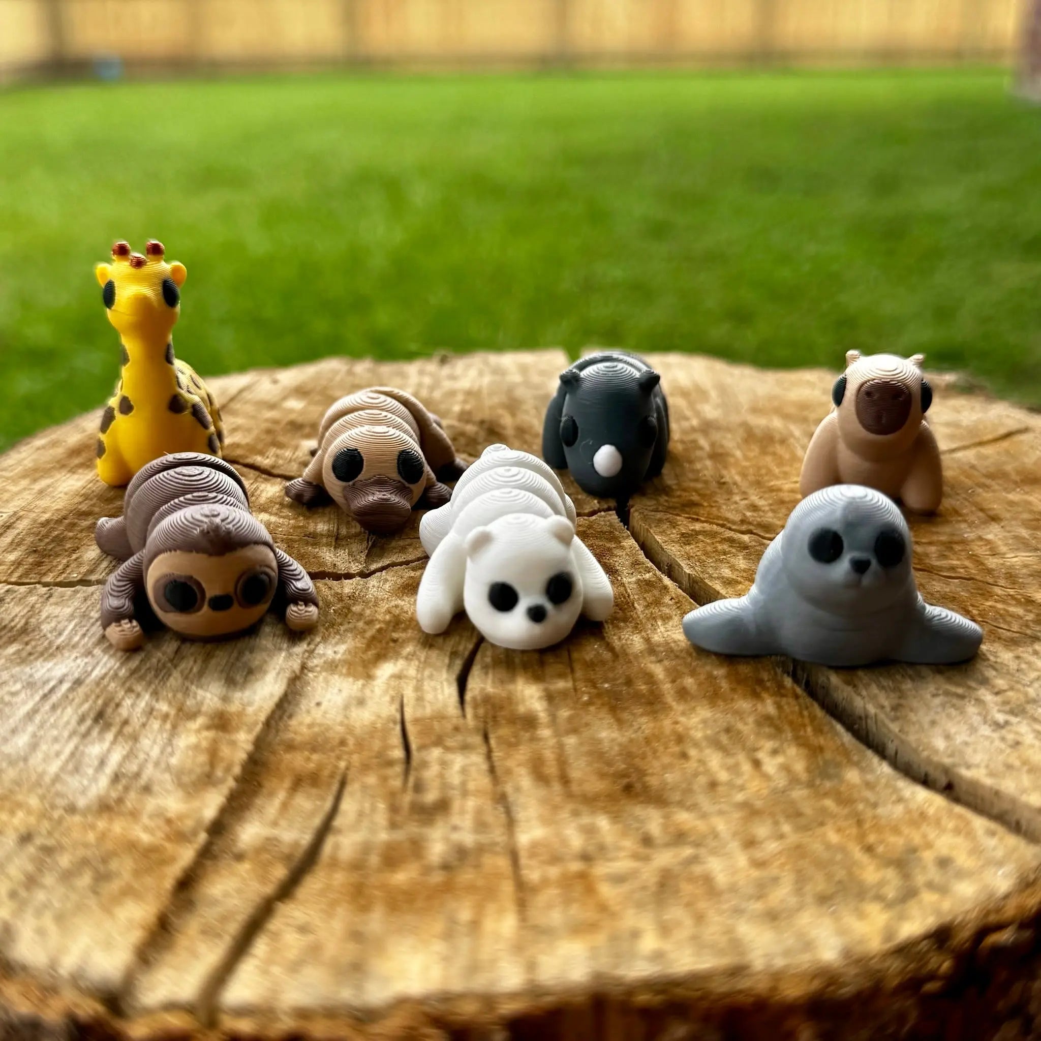 3D Printed Zoo Animals: Sloth, Giraffe, Bear & Seal on Wood - Collectible Fidget Toys by Main Street Collective