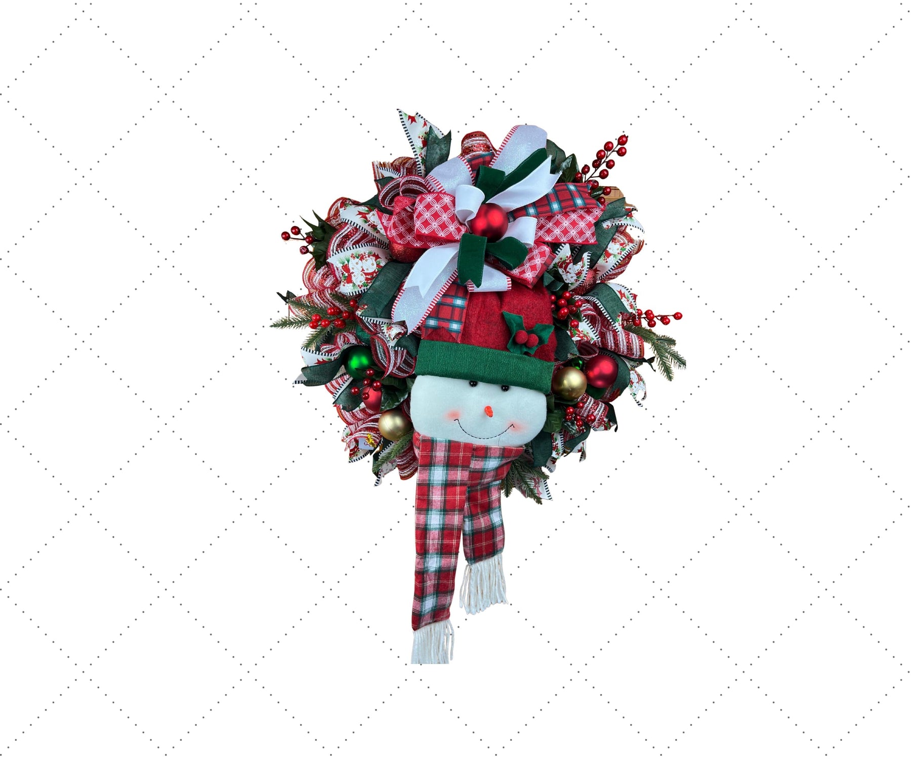 Snowman Christmas Wreath | Plaid Hat & Festive Ribbons handmade by Bouge Creations