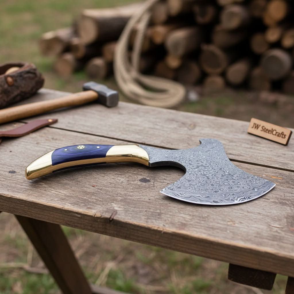 Damascus steel axe head with wood handle on rustic wood surface