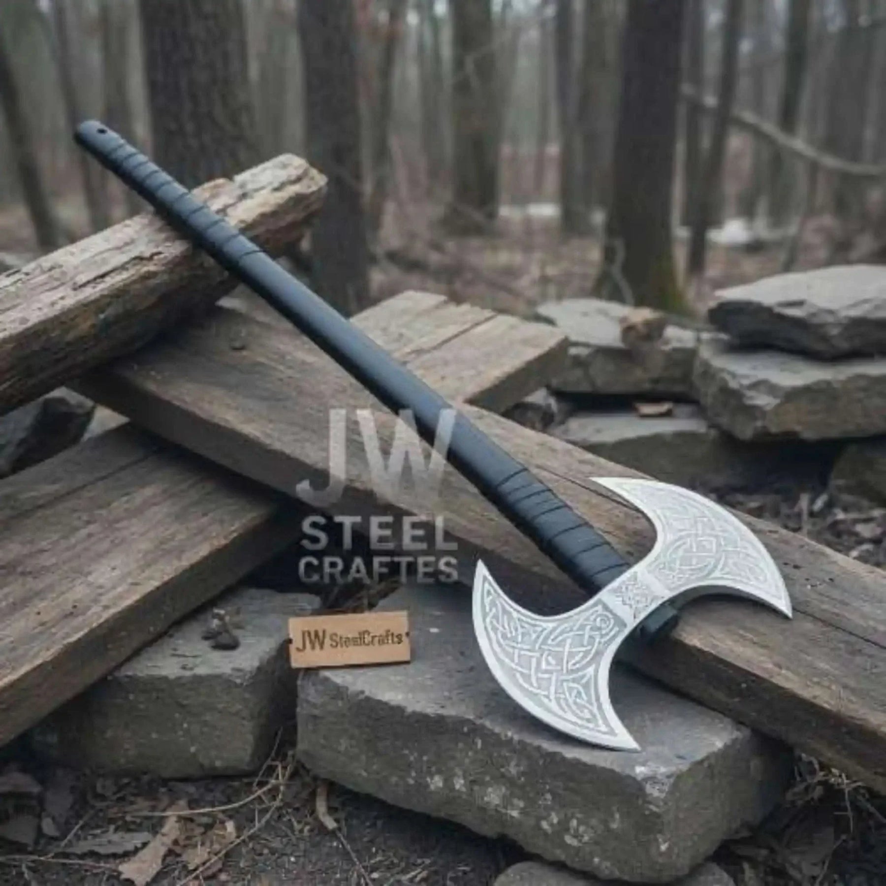 Damascus steel axe head with premium handle on rustic wood surface