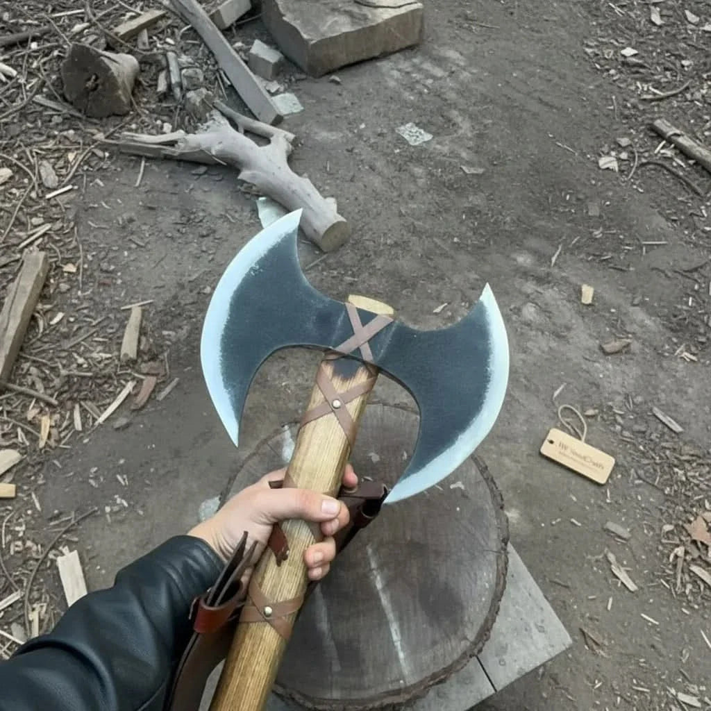 Damascus steel axe head with wood handle on rustic wood surface