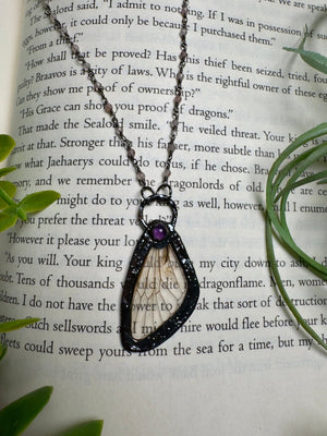 Amethyst and Cicada Wing Necklace with Strawberry Quartz Beaded Chain