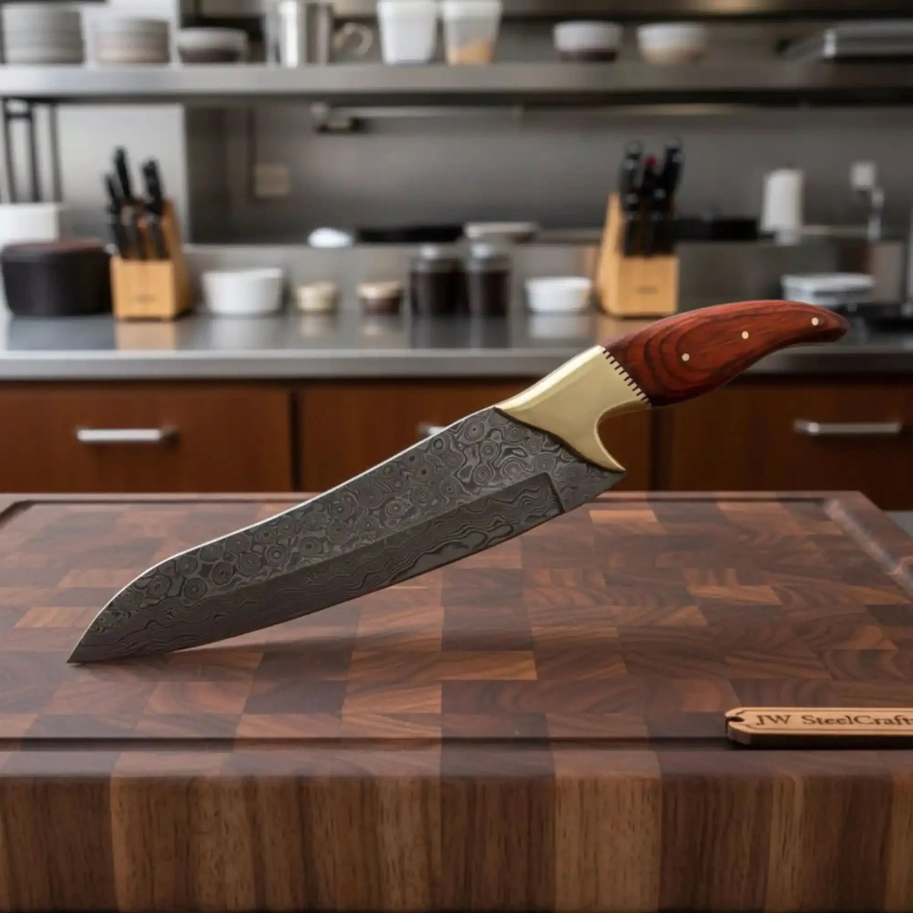 Handmade damascus steel knife with wood handle on dark surface