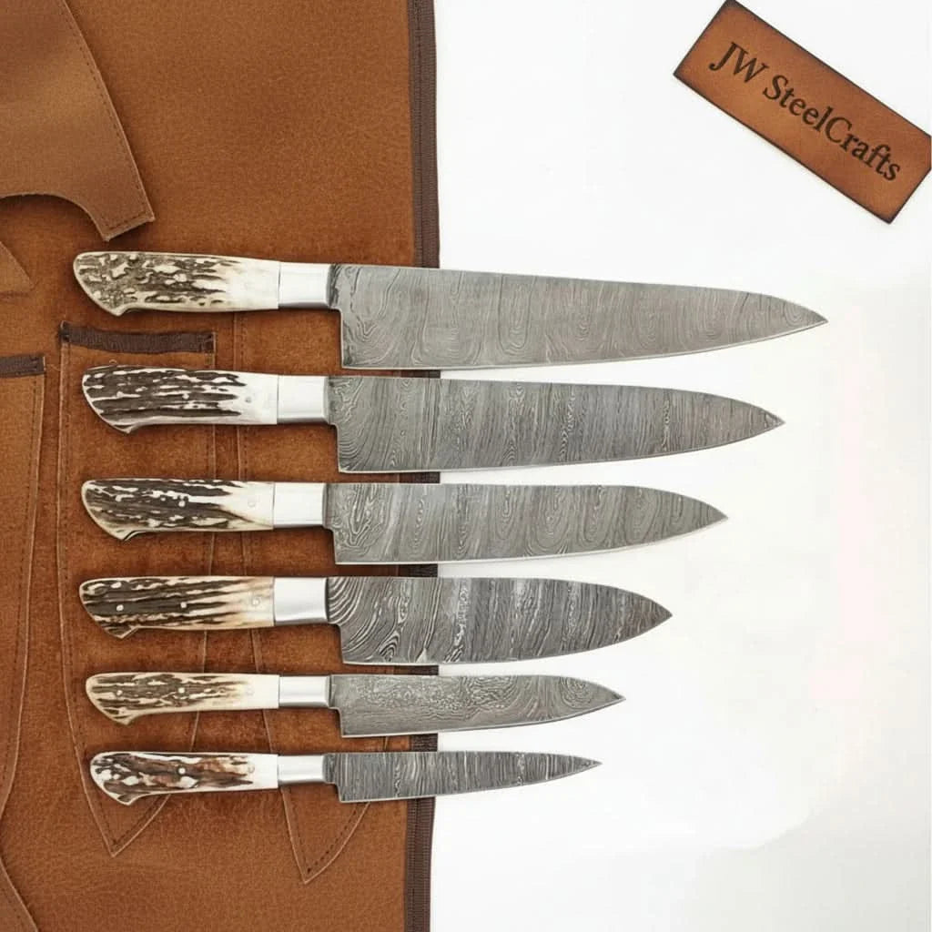 7-Piece Damascus Kitchen Knife Set — Synthetic Stag Horn Handles, Brass Bolsters & Full Tang Forged Blades by JW SteelCrafts, Damascus knife detail photo 2