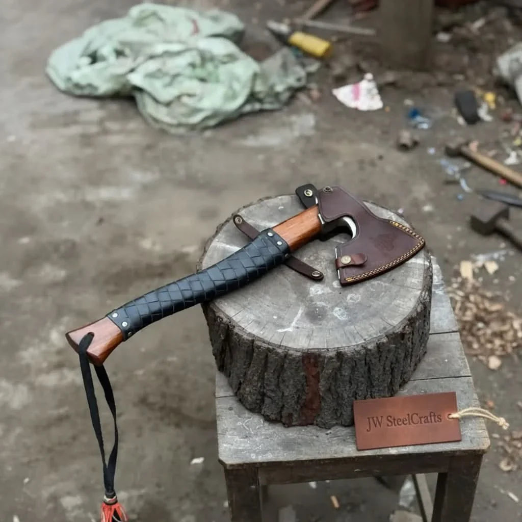 Damascus steel axe head with leather handle on rustic wood surface