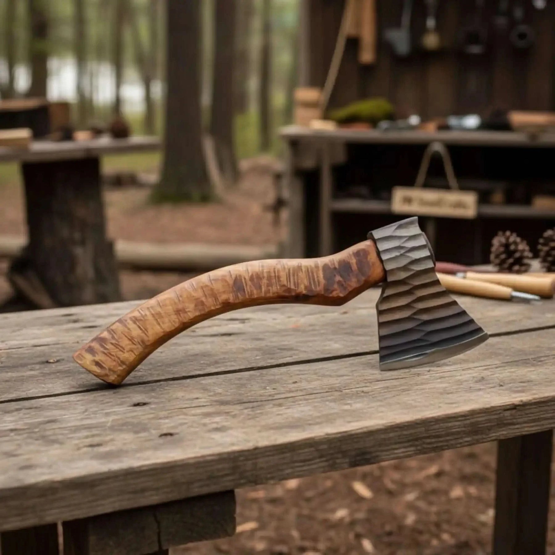 Damascus steel axe head with wood handle on rustic wood surface