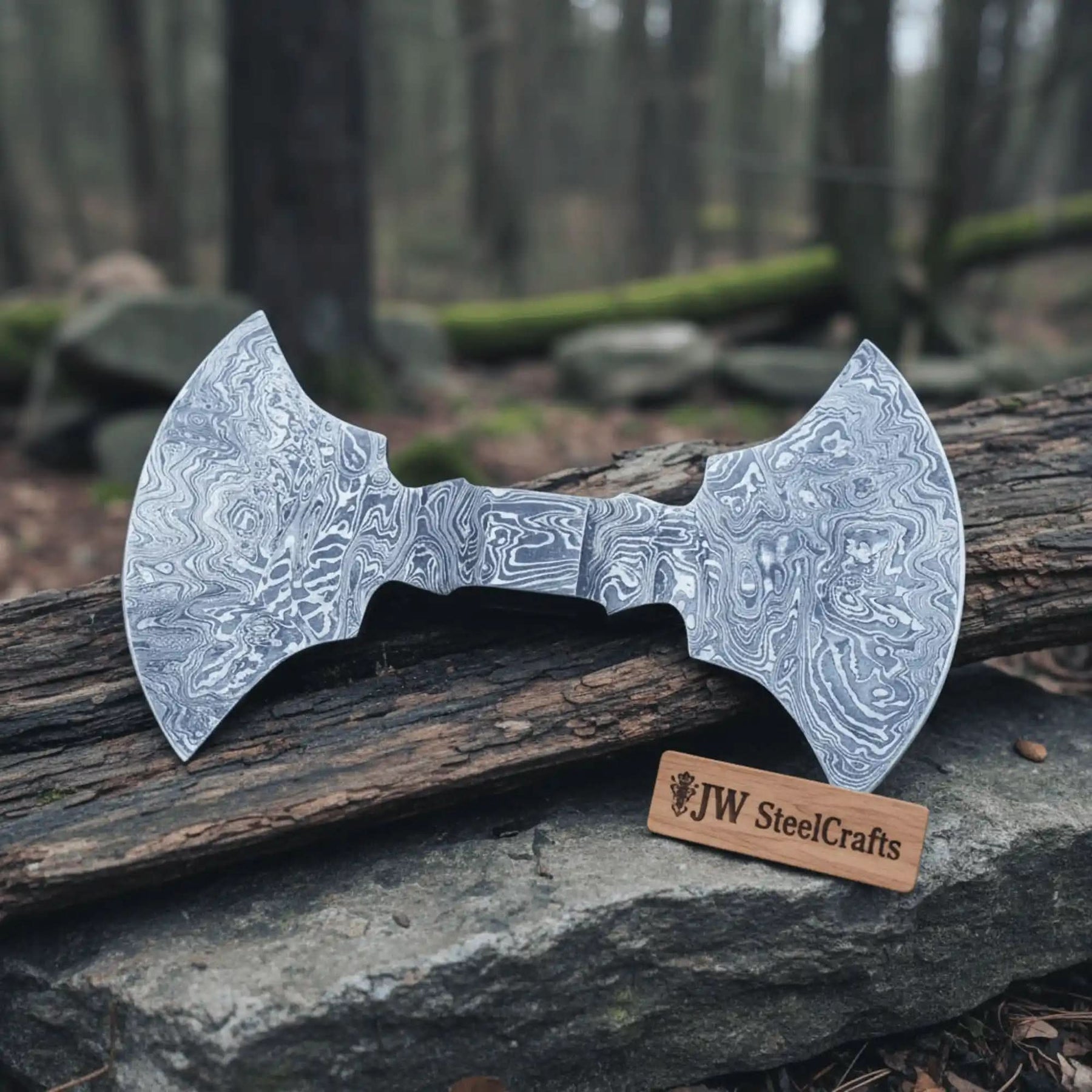 Damascus steel axe head with premium handle on rustic wood surface