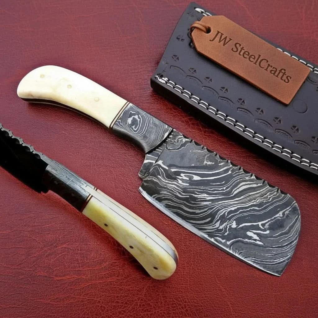 7-Inch Compact Damascus Mini Cleaver — Fire Pattern Blade, Camel Bone Handle, Steel Bolster & Leather Sheath | JW Steel Crafts by JW SteelCrafts