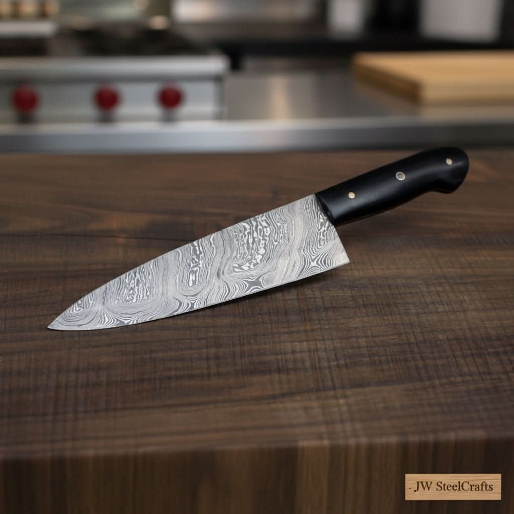Handmade damascus steel knife with resin handle on dark surface