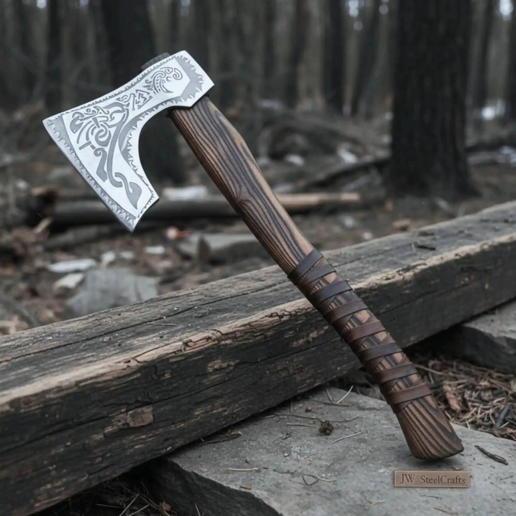 Carbon steel steel axe head with wood handle on rustic wood surface
