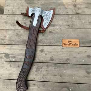 Handmade Viking Double-Bit Carbon Steel Axe with Norse Rune Etching and Engraved Hardwood Handle
