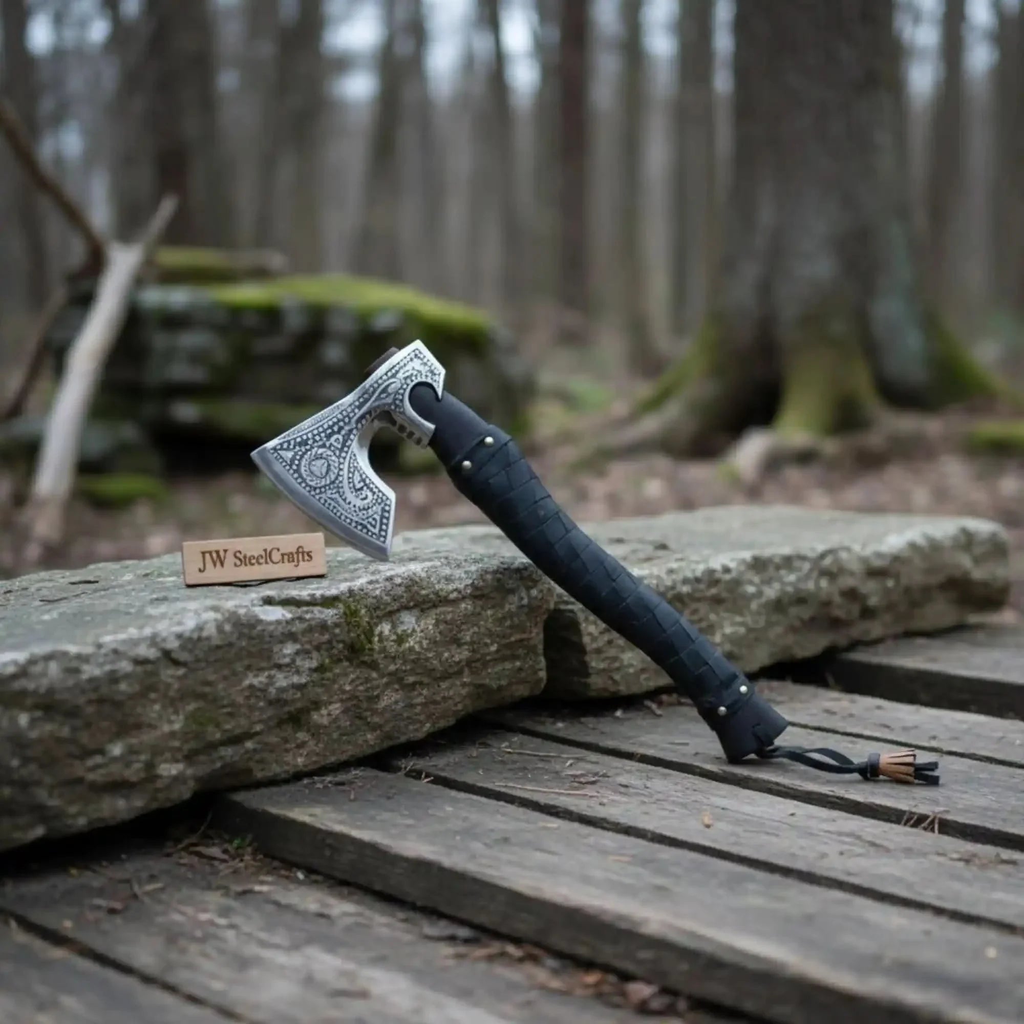 Carbon steel steel axe head with leather handle on rustic wood surface