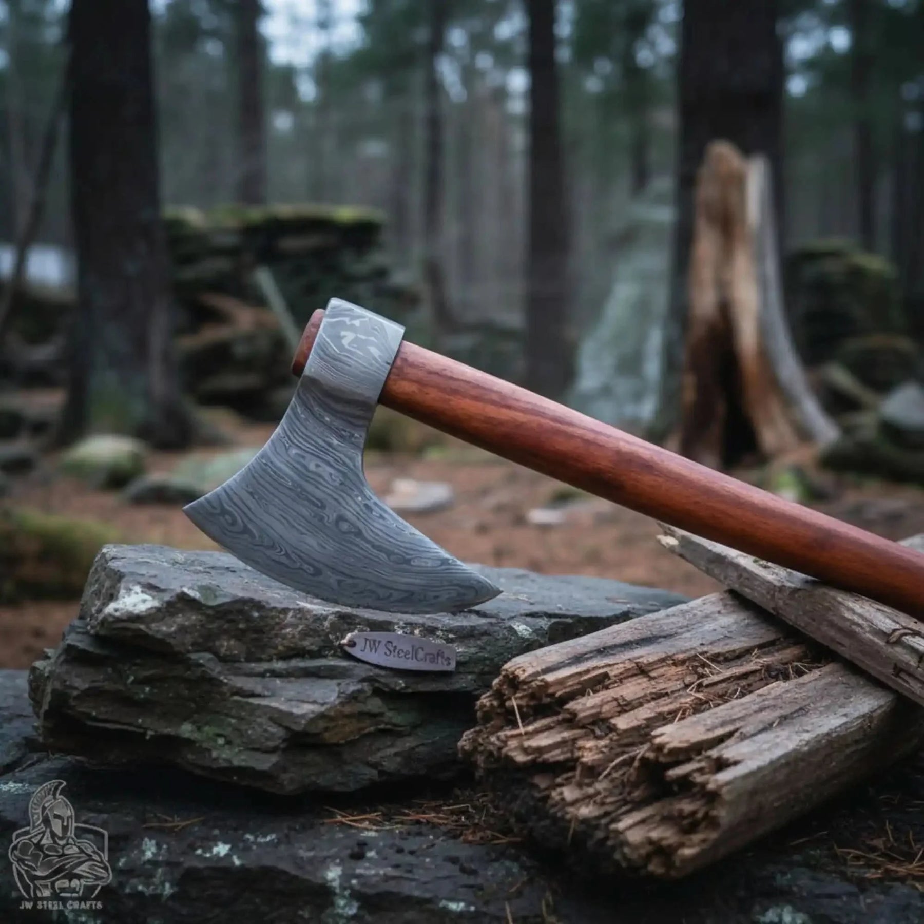 Damascus steel axe head with premium handle on rustic wood surface