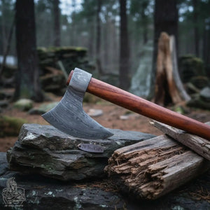 Damascus steel axe head with premium handle on rustic wood surface