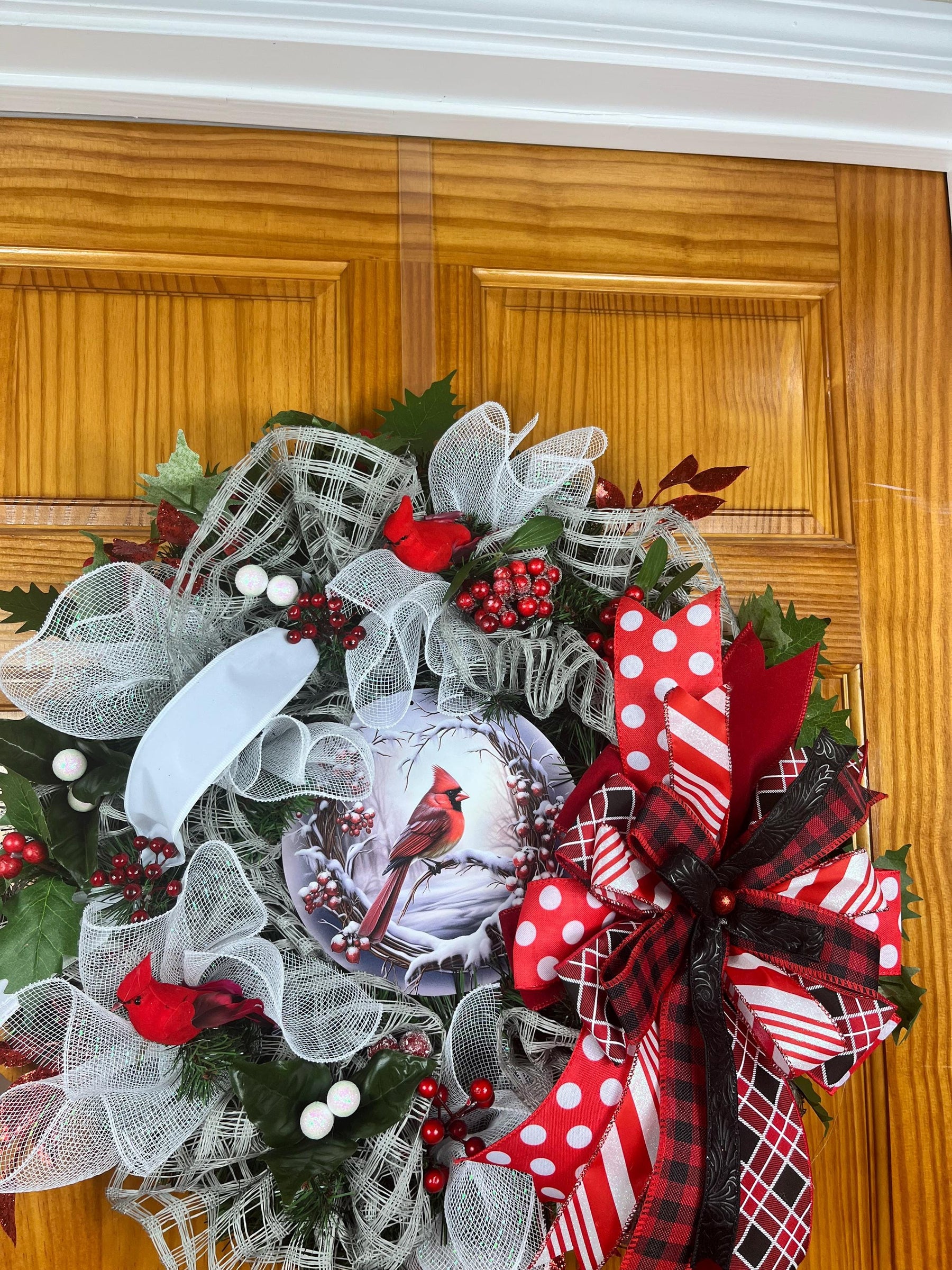 Cardinal Christmas Wreath | Red Plaid Winter Door Decor by Bouge Creations, view 5