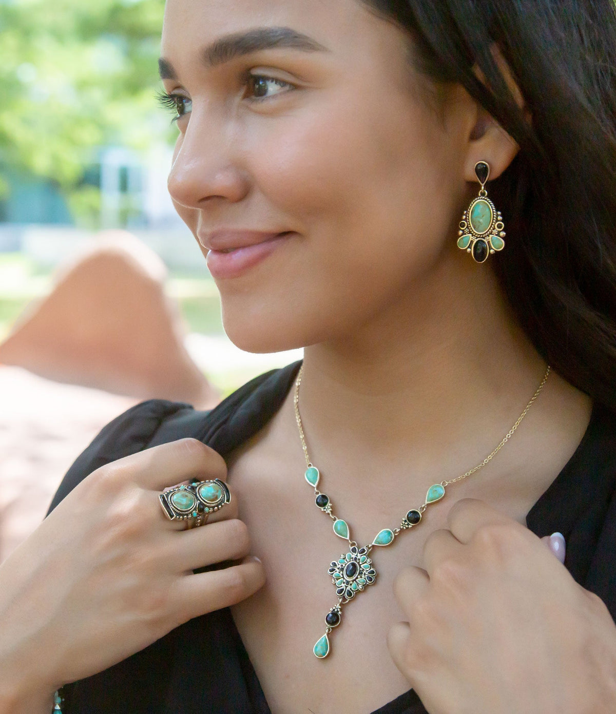 Barcelona Blue Turquoise and Black Onyx Post Drop Golden Earrings detail view by Barse Jewelry