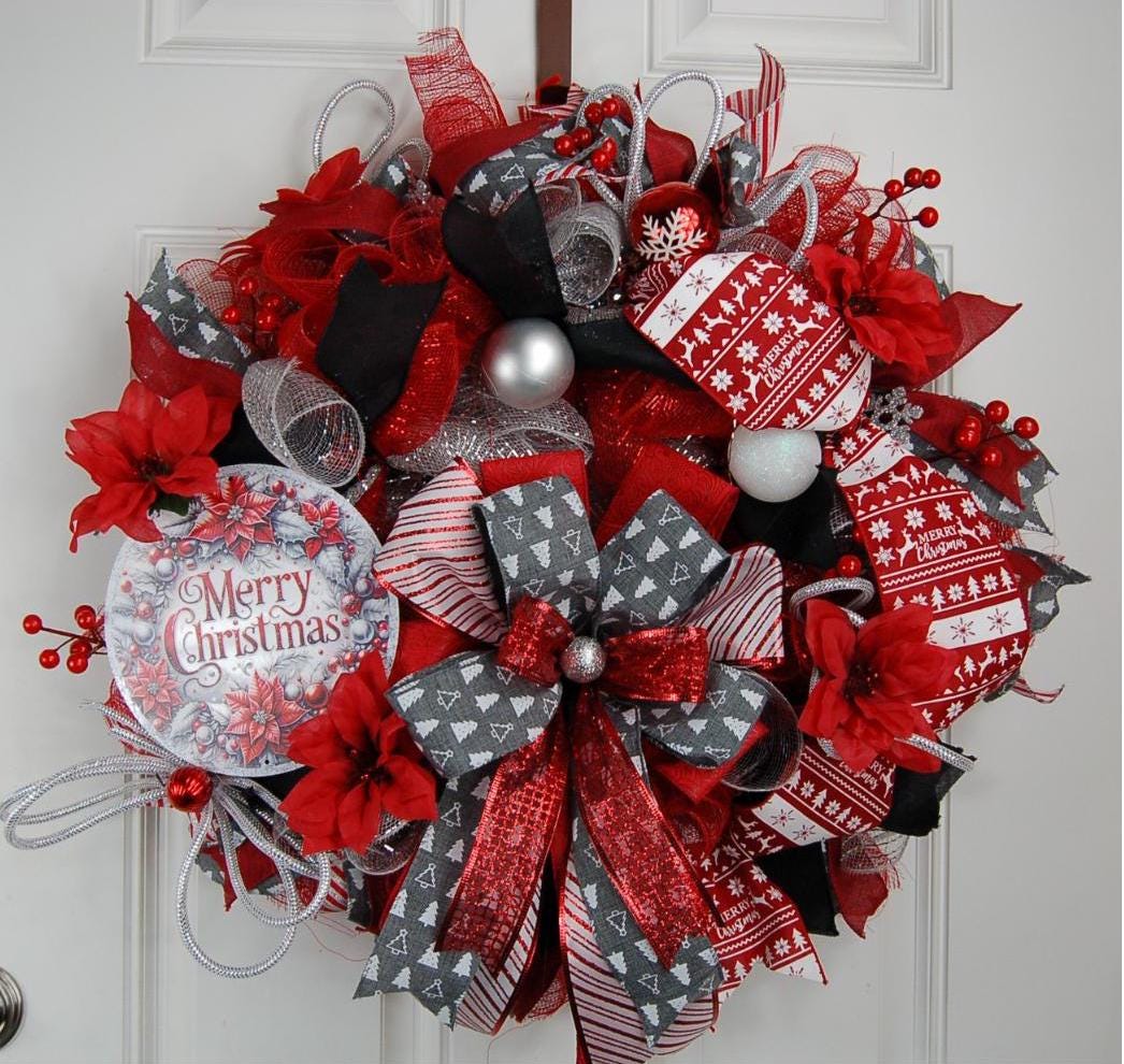 Red Poinsettia Christmas Wreath | Gold Plaid Door Decor handmade by Bouge Creations