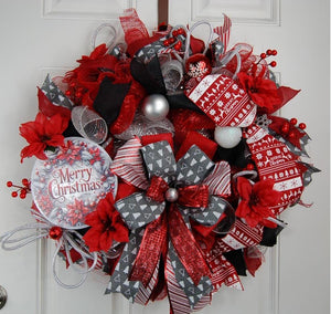 Red Poinsettia Christmas Wreath | Gold Plaid Door Decor handmade by Bouge Creations