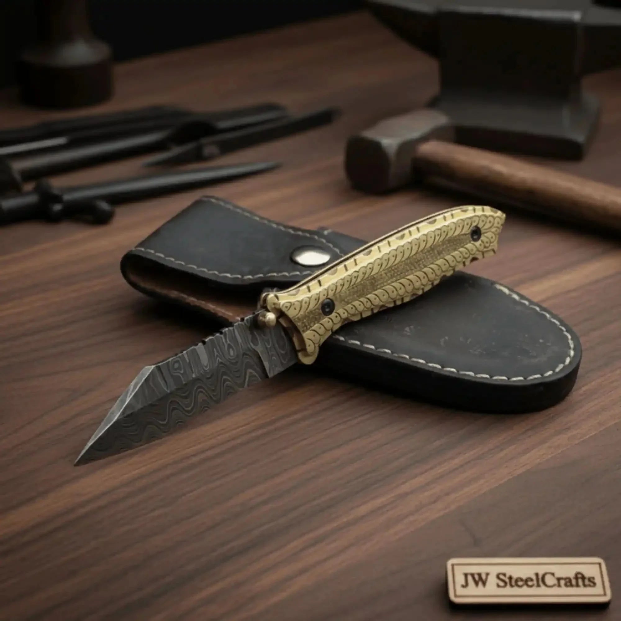 Handmade Damascus Steel Folding Knife with Olive Wood Handle – Brass Liner Pocket Knife by JW SteelCrafts, Damascus knife detail photo 2