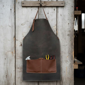 Black Leather Apron with Adjustable Straps and Pockets