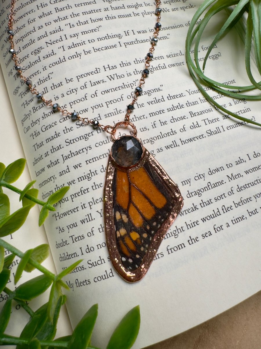 Black Rutile Quartz and Butterfly Wing Necklace with Beaded Chain